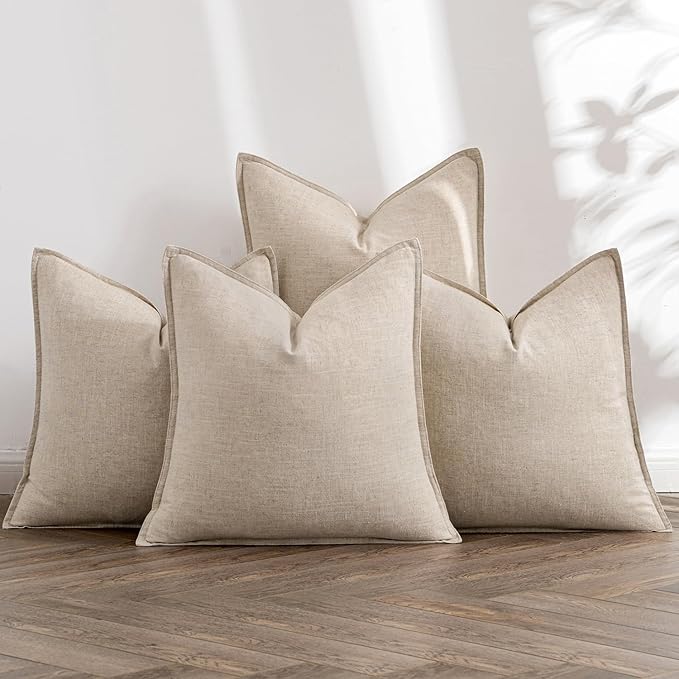 MIULEE Beige Boho Linen Decorative Pillow Covers 18x18 Inch Pack of 4 | Natural Throw Pillow Covers, Soft Farmhouse Couch Pillowcases, Modern Home Decors for Living Room Bed Sofa