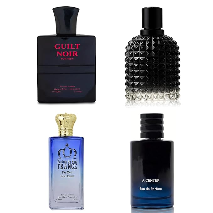 A CENTER Men's Cologne Include 4 Variety Pack Perfume Gift Set- 3.4 Fl Oz Each Eau De Parfume Tobacco,Musk,Woody,Masculine Scent Long Lasting Fragrance(MilanoMR&Salva&GuiltN&ParfumFrance)