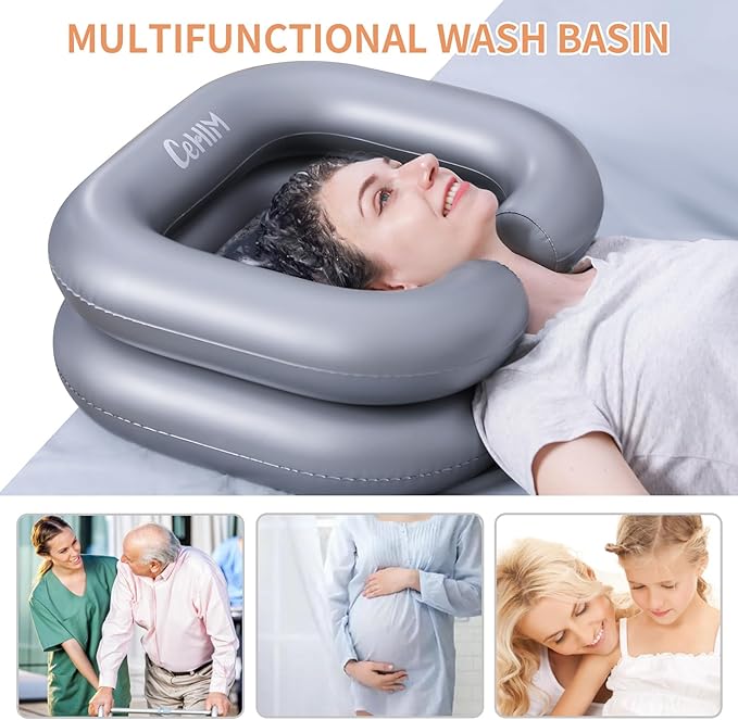 Inflatable Shampoo Basin - Portable Shampoo Bowl, Hair Washing Basin for Bedridden, Disabled,Injured, Hair Wash Tub for Dreadlocks and at Home Sink Washing (Silver)