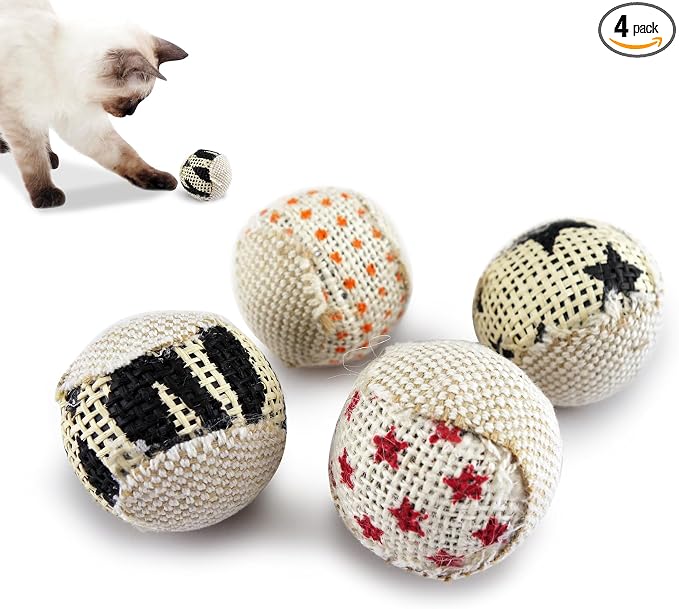TTcat Canvas Burlap Cat Toy Balls, 4 Pack Natural Woven Linen Cat Play Balls, Durable Textured Kitten Chew Chase Toys, Lightweight Interactive Cat Ball Toys for Indoor Kittens & Cats.