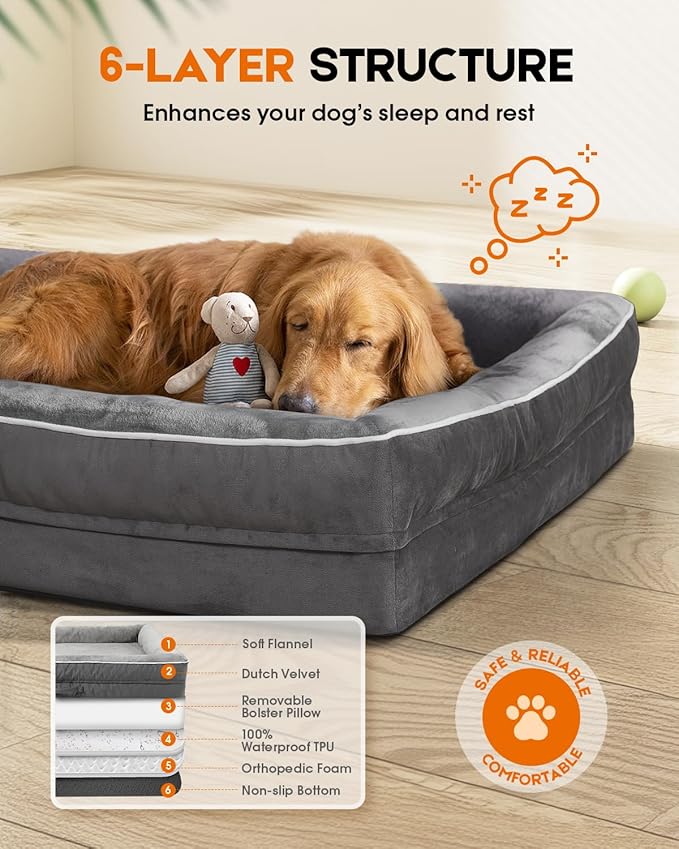 Upvilla Orthopedic Dog Bed, Four-Sided Medium Dog Sofa, Washable Cover Gray | Removable Waterproof Dog Bed Cover, Egg-Crate Orthopedic Foam, Built-In Carry Handle, Indoor Small Pet Beds, Cat Beds