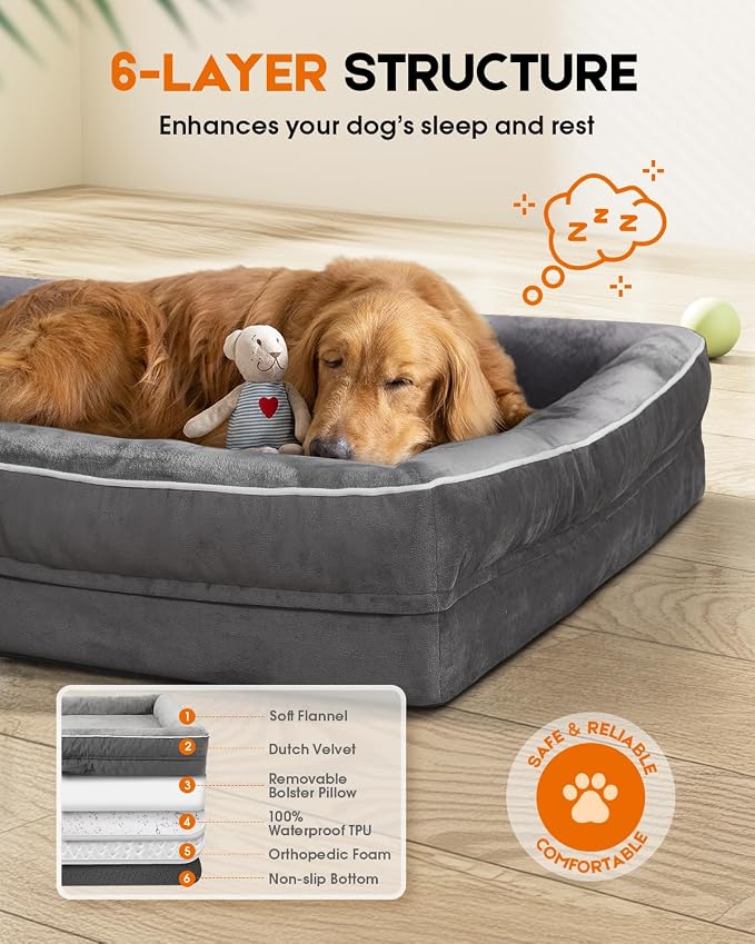 Upvilla Orthopedic Dog Bed, Four-Sided Small Dog Sofa, Washable Cover Gray | Removable Waterproof Dog Bed Cover, Egg-Crate Orthopedic Foam, Built-In Carry Handle, Indoor Small Pet Beds, Cat Beds