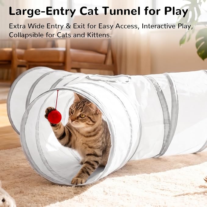Tempcore Cat Tunnel, 3-Way Collapsible Toy for Indoor Cats, White & Grey
