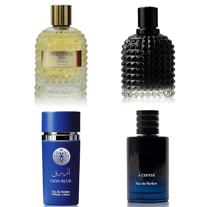 A CENTER Men's Cologne Include 4 Variety Pack Perfume Gift Set- 3.4 Fl Oz Each Eau De Parfume Tobacco,Musk,Woody,Masculine Scent Long Lasting Fragrance(MilanoMR&Salva&LionBlue&ValentG)