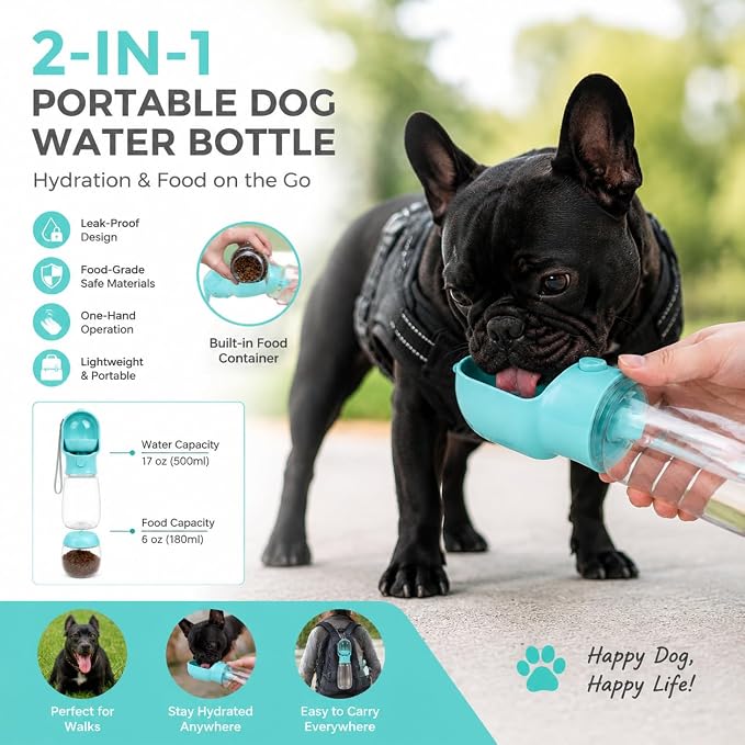 2-in-1 Dog Cat Portable Water & Food Travel Dispenser Bottle (Green)