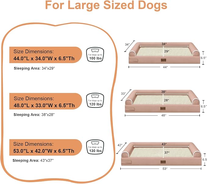 Orthopedic Dog Bed for XX-Large Dogs, 44 x 34 Inch, Pink | Egg crate foam for joint support, 3-sided bolster pet sofa, waterproof lining, washable cover, and non-skid base
