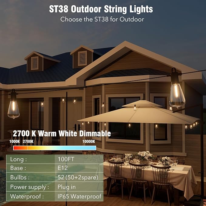 beatineon Outdoor String Lights 150ft, LED Patio Lights with 78 (75+3 Spare ST38 Shatterproof Bulbs), IP 65 Waterproof, Outside Hanging Light for Cafe Bistro Backyard (150 ft-78 Bulbs)
