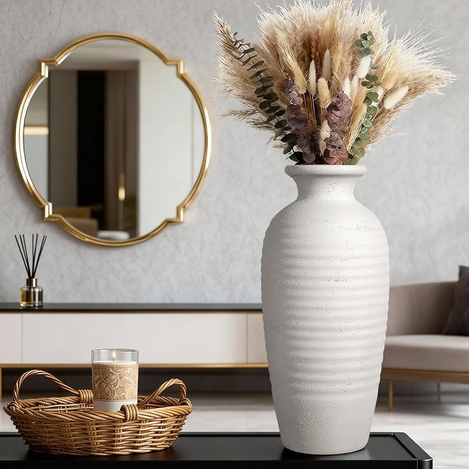 14.4" Vintage Tall Ceramic Vase, Farmhouse Modern Living Room Decor | Textured Surface Flower Vase for Home Decor,Large Ceramic vase Perfect for Living Room, Gift for Housewarming