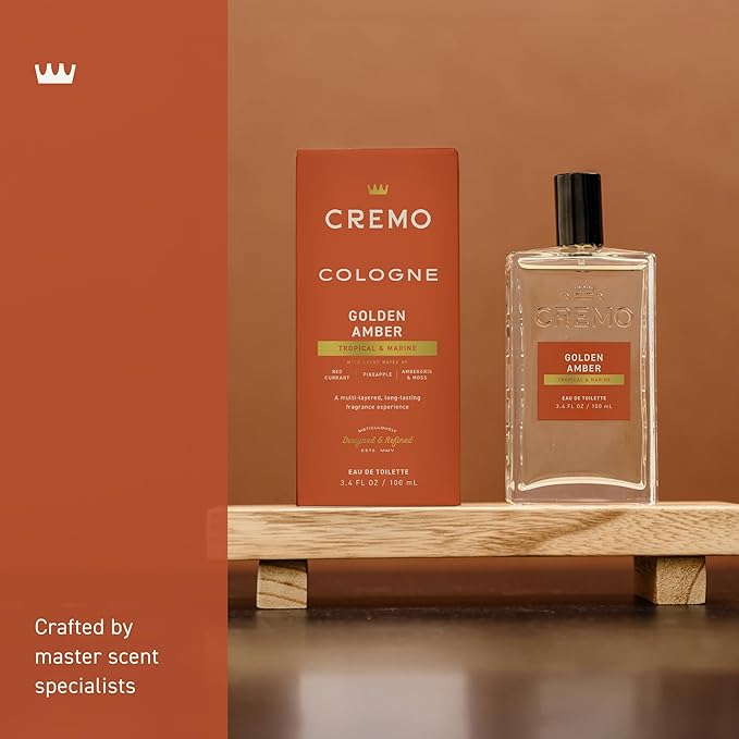Cremo Cologne For Men - Golden Amber Mens Cologne Spray, A Combination of Red Currant, Pineapple, Ambergris and Moss, Multi-Layered Signature Men's Fragrances, 3.4 Fl Oz