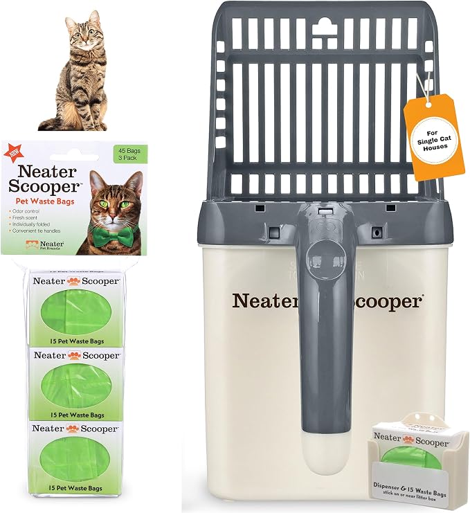 Neater Pet Brands Neater Scooper Standard Litter Scoop, 60 Refill Bags – Mess-Free Cat Litter Scooper with Bag, Spill-Proof Kitty Box Sifter, Bin Doubles as Scoop Holder, for Single-Cat Households