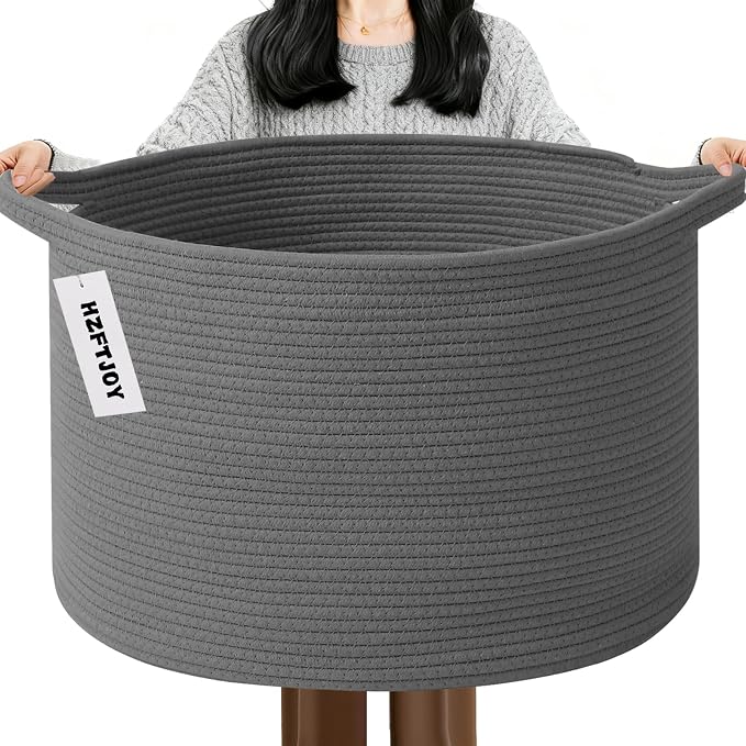 115L Extra Large Blanket Basket,Woven Rope Laundry Basket-Dark Grey | Collapsible, reinforced handles, nursery storage bin organizes clothes, toys and pillows for living room, bedroom bathroom.