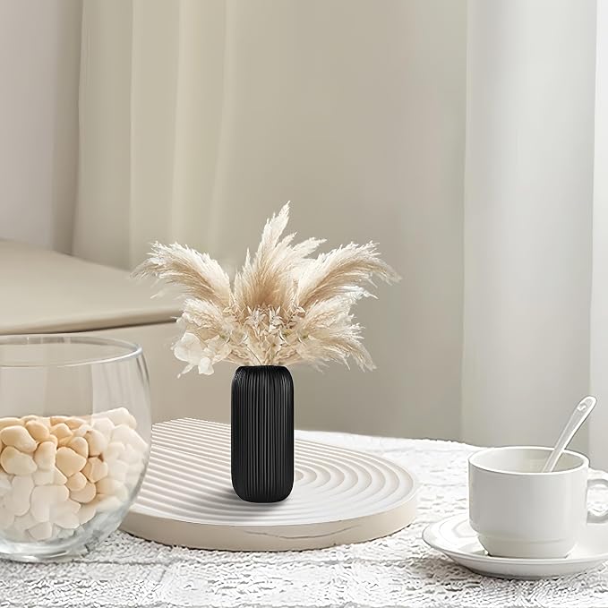 Ceramic Vase for Flowers – Modern Small Ribbed Textured Flower Vase for Home Decor, Pampas Grass, Decorative, Farmhouse, Coffee Table, Kitchen Centerpieces, Bookshelf and Home Living(Matte Black)