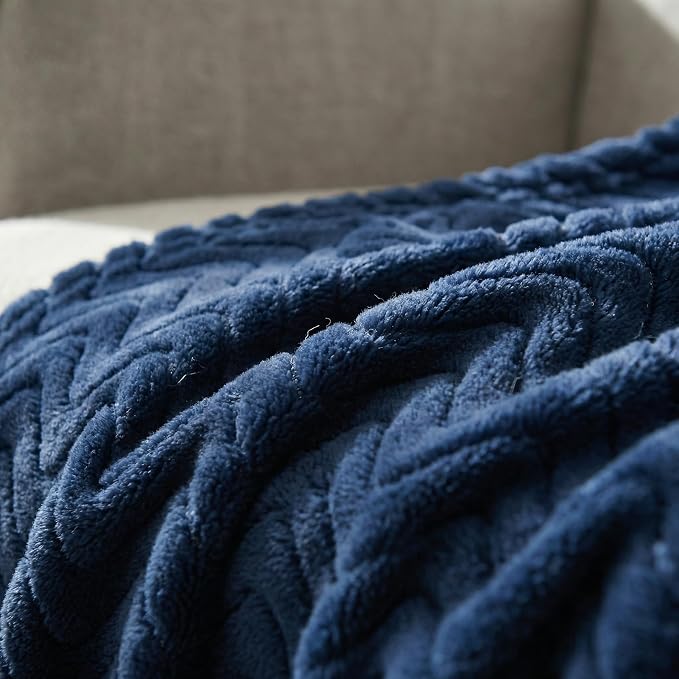 Exclusivo Mezcla Large Fleece Throw Blanket for Couch, Sofa, Navy Blue | 50"x70" Soft Breathable Lightweight Flannel Throws for Summer, Plush Cozy Jacquard Wave Blanket for Home Decor