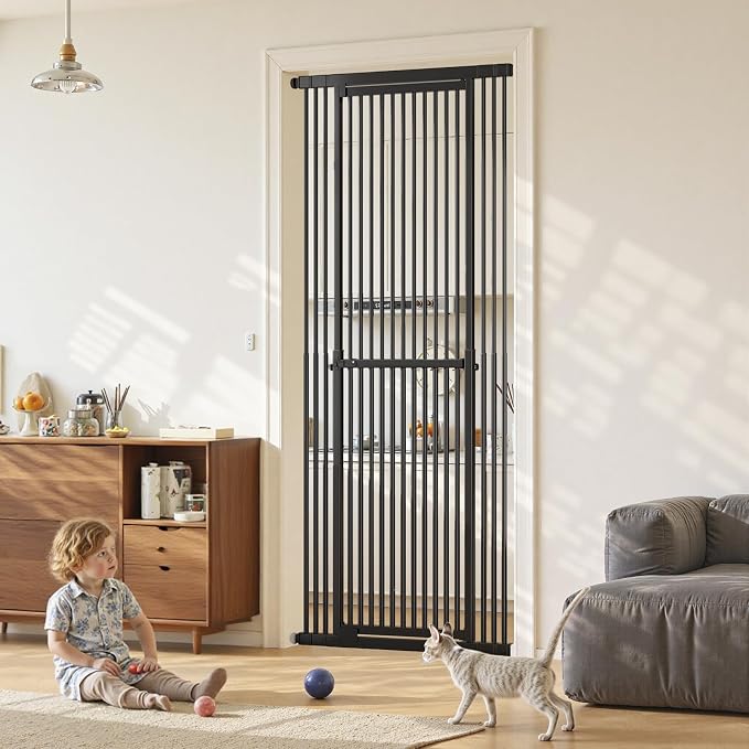 Extra Tall Cat Gate 51"-87" Height Adjustable Pressure Mounted 4 Extensions | 51"-87" height & 27.56"-37" width adjustability; pressure-mounted installation. 4 extension Ideal for doorways, pets & babies