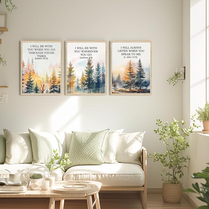 Forest Bible Verse Wall Art Painting Vintage Scripture Christian Landscape Wall Decor, Spiritual Jesus Nature Forest Quote Poster Canvas Prints, for Living Prayer Room Bedroom 16x24 inch Framed