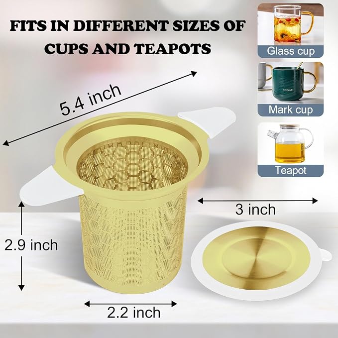 Tea Infuser for Loose Leaf Tea, Extra Fine 304 Stainless Steel Tea Strainer Stepper with Heat-Resistant Silicone Handles and Lid, Large Capacity Tea Basket Filter for Mug, Cup (Gold)