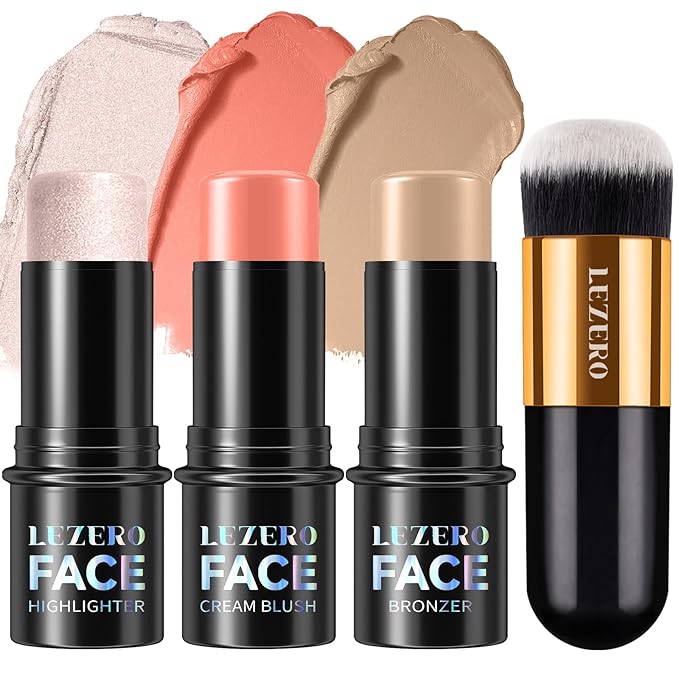 Lezero 3Pcs Contour Stick Makeup Kit, Shades with Highlighter, Blush and Bronzer Stick for Sculpt the Face and All Skin Type, Long Lasting, Smooth, Dewy & Matte Finish, #1 FAIR