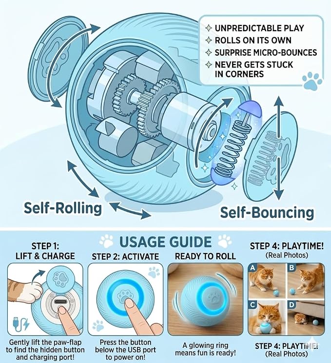Interactive Cat Toy Ball - Automatic Interactive Cat Toys for Indoor Cats, Rechargeable Cat Enrichment Toys for Small/Medium/Large Cats to Keep Them Busy