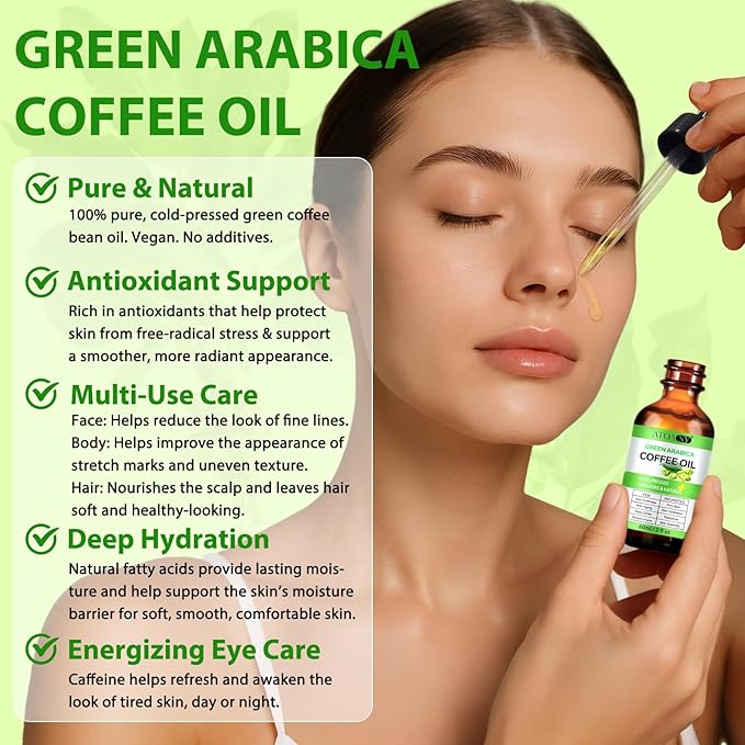 Coffee Essential Oil, Coffee Oil for Skin, Green Coffee Bean Oil for Face & Hair Growth, Cellulite, Reduces Puffiness, Dark Circles, Stretch Marks, Skin Tightening, Cold-Pressed, 4 Fl Oz