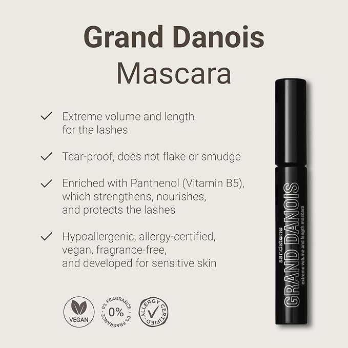 Sandstone Scandinavia Hypoallergenic Mascara Sensitive Eyes - Smudge-Proof, Sweatproof, Lengthening - Maximum Volume and Length - Vegan and Non Toxic