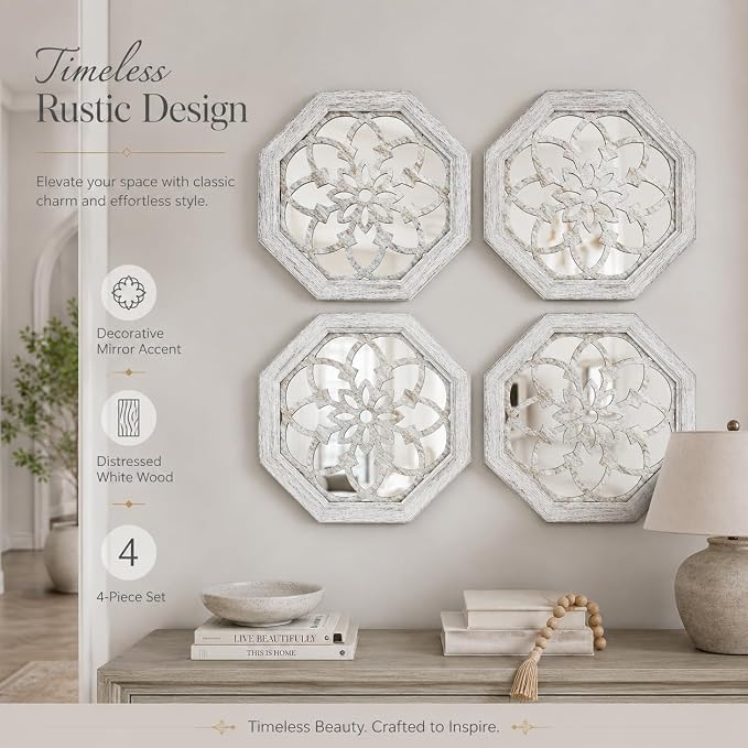 4 Pack 12 Inch Octagon Grey Rustic Wood Frame Acrylic Wall Mirrors, Farmhouse Boho Wall Art Decor for Living Room, Bedroom, Hallway, Entryway, Bathroom & Office
