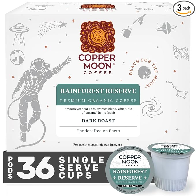 Copper Moon Single Serve Coffee Pods for Keurig K-Cup Brewers, Dark Roast, Rainforest Reserve Blend, 36 Count