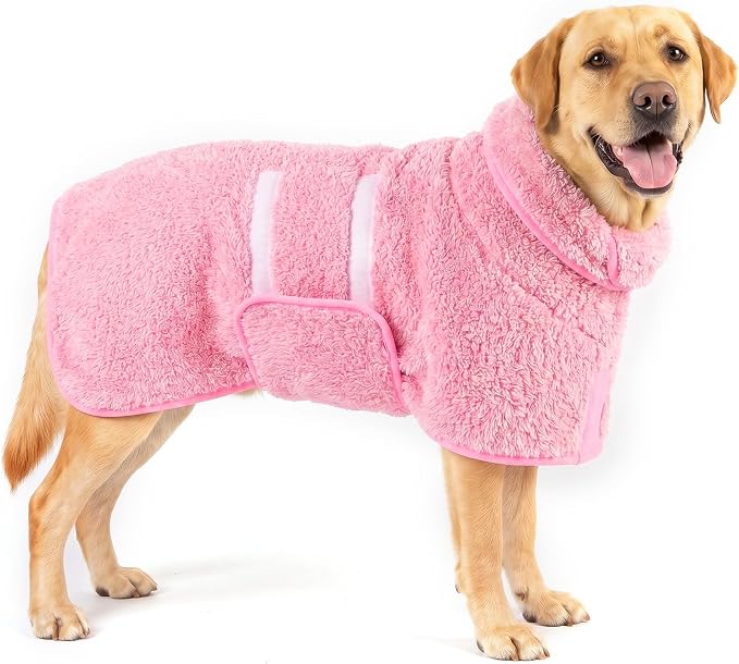 Bienbee Dog Bathrobe, Super Absorbent for Small to Large Dogs, Pink L | Dog Robes with Soft Fleece, Warm & Cozy, Adjustable Fit, and Quick Drying Coat for Baths Swimming and Grooming
