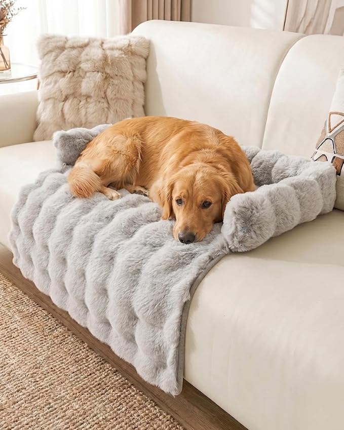 IUUI Dog Bed/Mat for Couch,Faux Rabbit Fur Pet Sofa Furniture Protector | Non-Slip&Manchine Washable,Protects Sofa from Fur & Scratches,Bubble Puff Fluffy Texture,Cozy for All Size Dogs&Cats