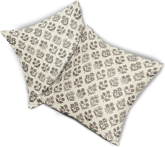 Dark Brown Floral Pillow Covers 22x22 Inch Set of 2, Vintage Flower Block Print Pattern Decorative Throw Pillowcases Outdoor Farmhouse Cushion Covers Spring Summer Rustic Sofa Couch Bed Decor