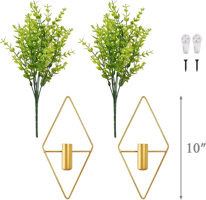 Yorkmills Green Artificial Eucalyptus Plant Wall Decor in Gold Hanging Vase | Diamond Metal Wall Planter Decorations Set of 2, Fake Plant Home Wall Decor for Living Room, Dining Room, Bedroom, Bathroom