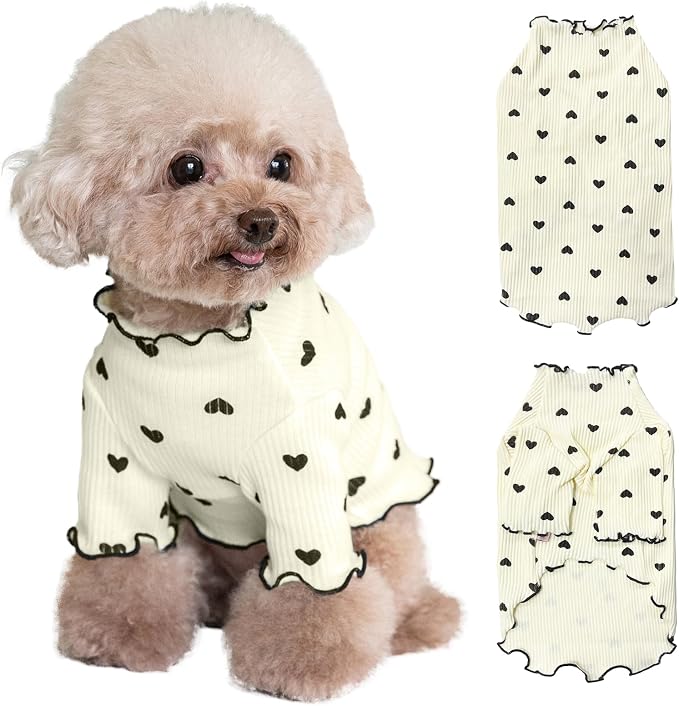 Pet Clothes for Small Dogs Cat Summer Fall Heart Print Shirt Stretchable Ruffle Long Sleeve Outfits for Chihuahua Schnauzer Shih Tzu Yorkie (Beige, Large)