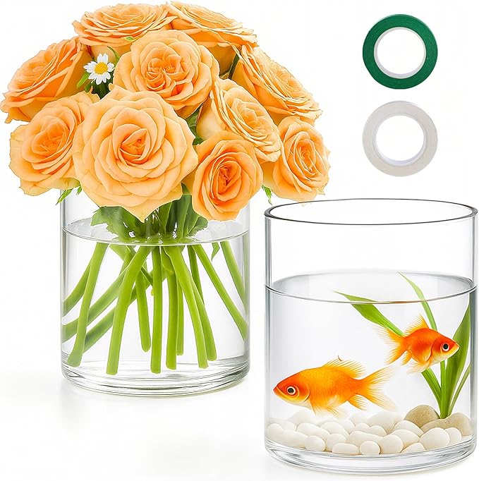 2pcs 6" x 4.7" Clear Glass Cylinder Vases for Centerpieces | Wide Mouth Flower Vases for Wedding & Home Decor, Hurricane Floating Candle Holders for Table, Includes 2 Floral Tapes