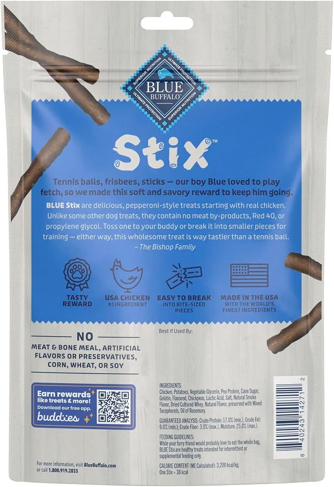 Blue Buffalo Stix Chicken Pepperoni-Style Dog Treats, 5 oz | Real Chicken #1 Ingredient, Soft & Easy to Tear, Developed by Veterinarians & Nutritionists, Great for Training
