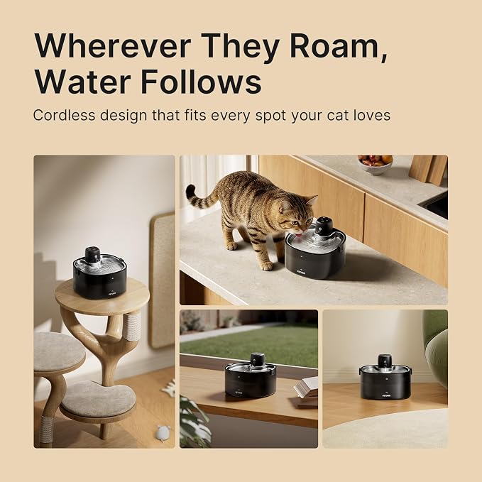 Cordless Cat Water Fountain, Battery Operated, Silver 6 Filters 78oz | Stainless Steel Tray, Rechargeable 4000mAh, Wireless, Motion Sensor, Quiet Pump, Locking Lid, Pet Fountain, 6 Filters