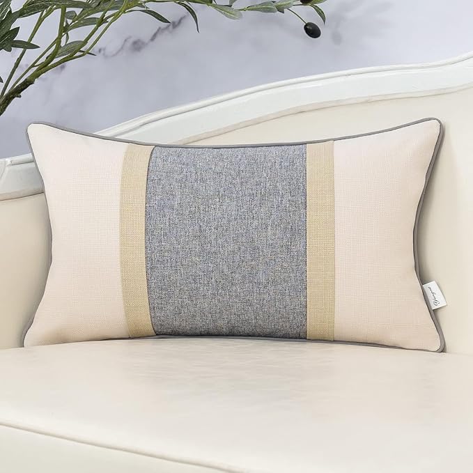 Patchwork Pillow Cover 12x20 Inch Luxury Cotton and Linen Cushion Cover Rectangle Pillowcover for Couch Bedroom Living Room,Gray