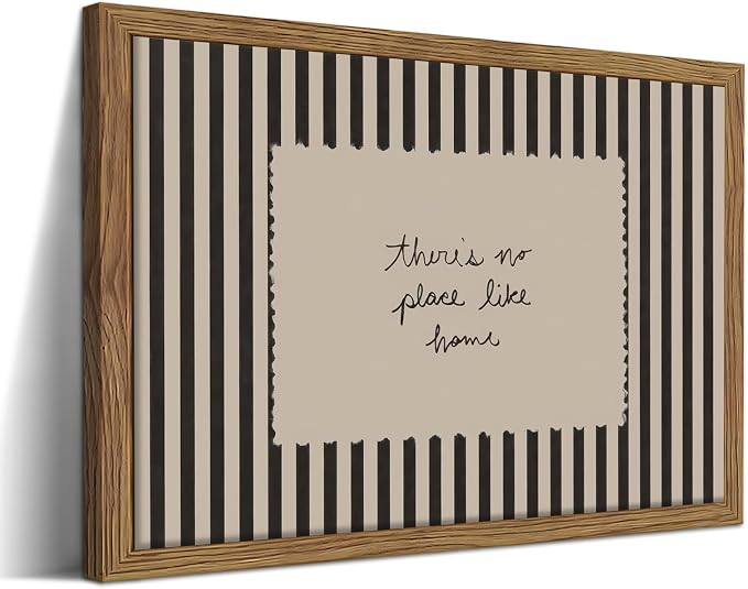 Framed Vintage Inspirational Wall Art, Minimalist There is No Place Like Home Canvas Wall Decor Painting, Black and White Striped Quote Poster Print Picture for Living Room Bedroom 12x16 Inch