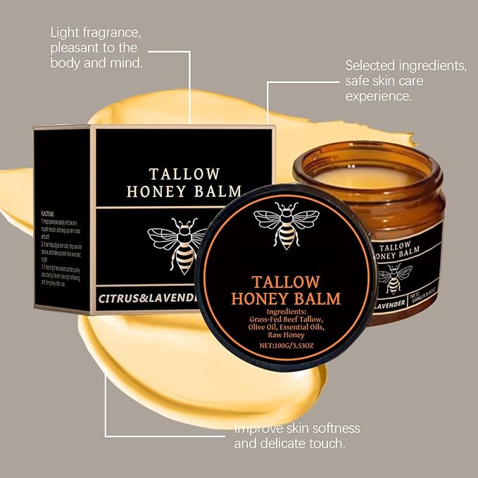 Organic Grass-Fed Beef Tallow Balm, Moisturizing Skin Care for Face & Body, Natural Tallow with Raw Honey for Dry Skin, 3.53 OZ (2 PCS)