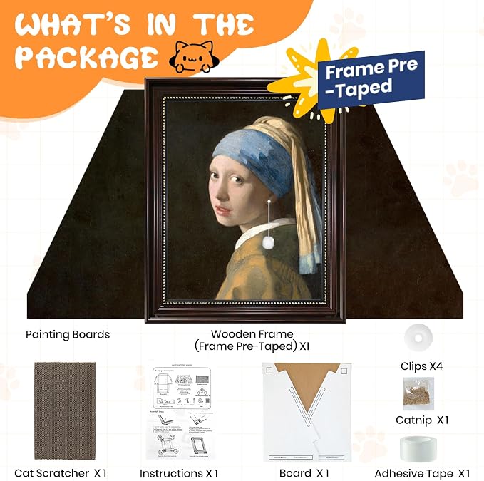 Cardboard Cat House for Indoor Cats Mona Lisa Cat Scratcher with Catnip | Frame Pre-Taped Girl With A Pearl Earrings Art Cat Scratcher Half-Surround Design