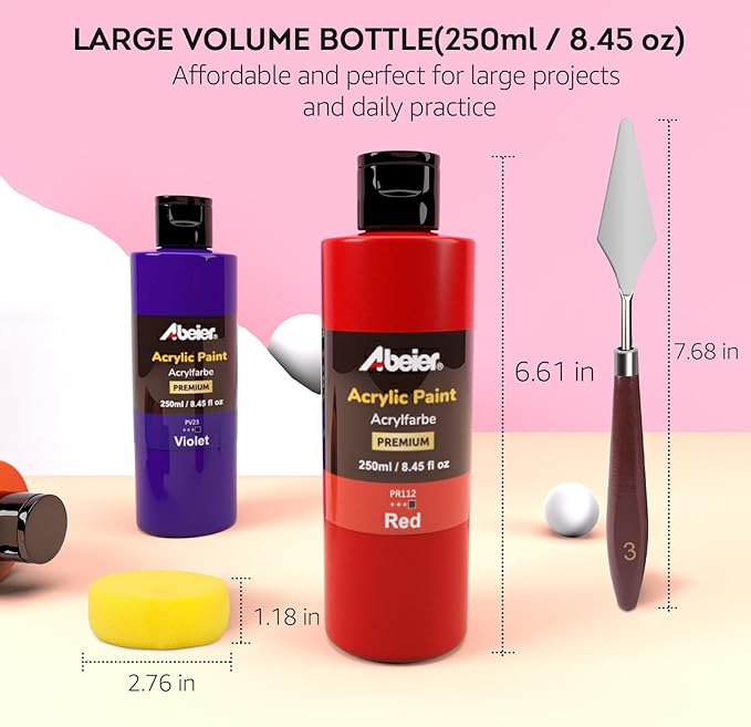 ABEIER Acrylic Paint, 20 Colors (250 ml/8.45oz) Acrylic Paint Bottle Set, Non-Toxic, Rich Pigments Bulk Painting Supplies for Canvas Crafts Wood Ceramic, Ideal for Artists, Beginners and Students