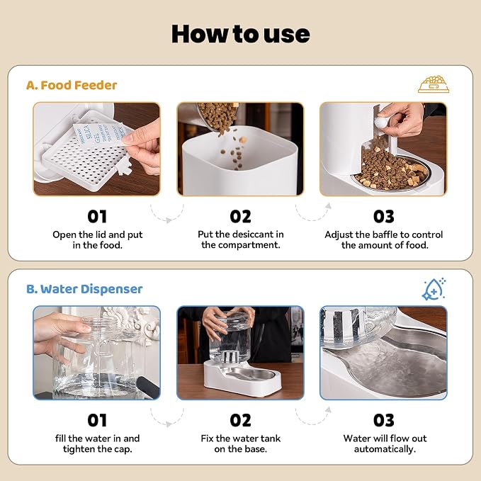 Automatic Cat Feeder Water Dispenser Set with Stainless Steel Bowls | Dog Water Bowl Dispenser Adjustable Water Dispensing, Auto Pet Waterer for Cats and Dogs