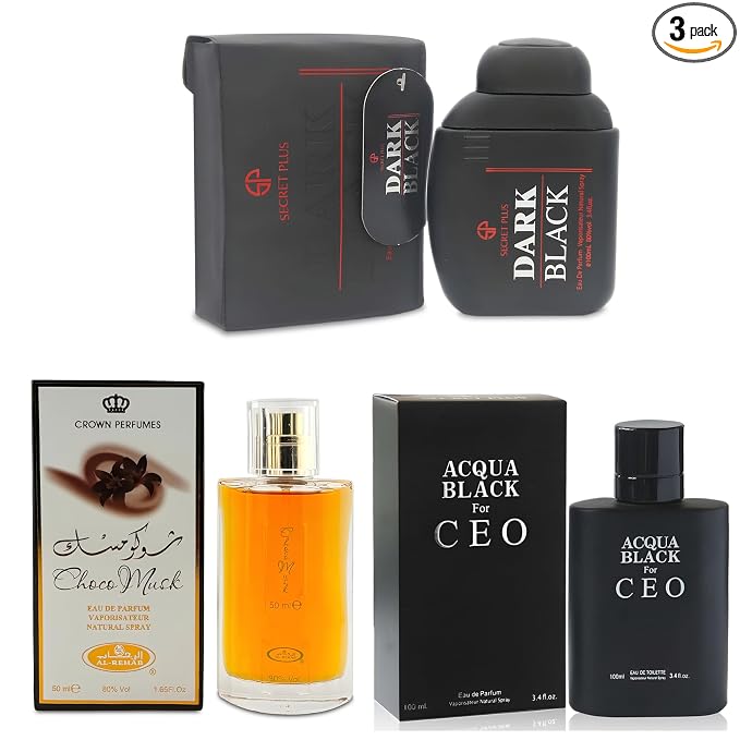 A CENTER 3Pack Men Colognes Choco Musk&Dark Black&Aqua Black Ceo Eau De Parfume Spray with Woody Floral & Fruity Scent Perfume Gift Set Day to Night Luxury Fragrances