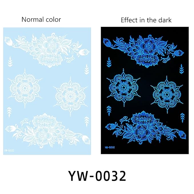 Blue Luminous Henna Tattoo Stickers Glow-in Dark Henna Temporary Decal for Women Flower Sexy Lace Fake Sticker for Halloween Wedding Night Glitter Party Supply
