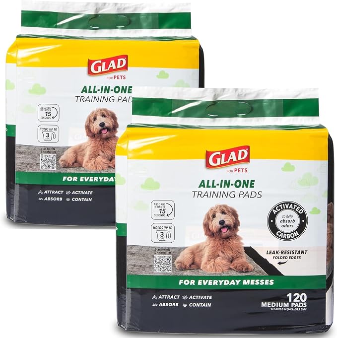 Glad for Pets Black Charcoal Puppy Pads, 17.5 x 23.5 Inch, 120 Count | Super-absorbent core, disposable design, 17.5x23.5 in, potty crate and indoor training