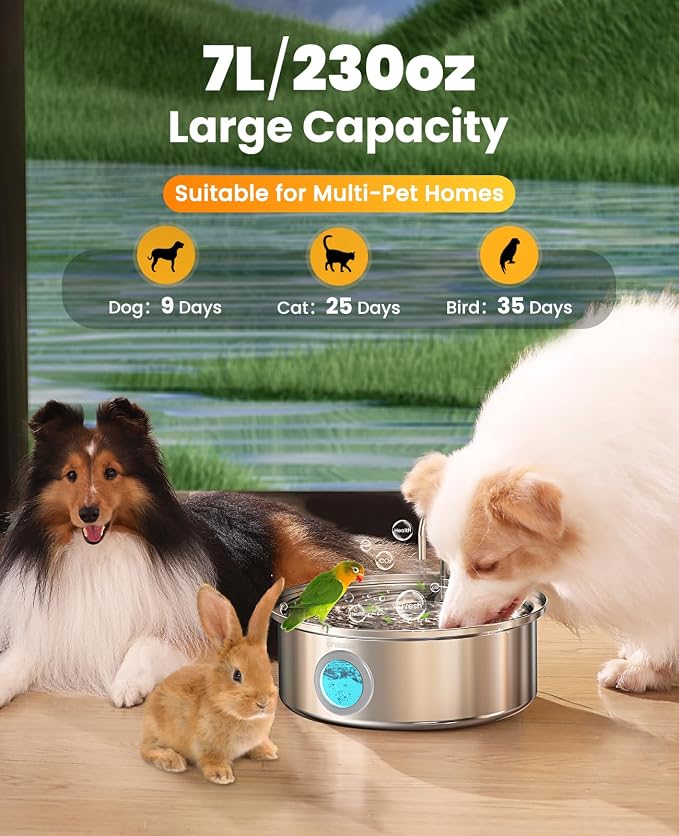 Oneisall 7L/230oz Pet Water Fountain | 25db Quiet Design,304 Stainless Steel,Contain 6Set Filters,Visual Water,5-Layer Filtration,Fit for Living Room Kitchen