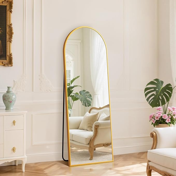 DUMOS 59"x16" Arched Full Length Floor Mirror, Full Body Mirror | Free Standing or Wall Mount, Nano Glass Aluminum Frame, Hanging or Leaning, Modern Simple Home Decor, Gold
