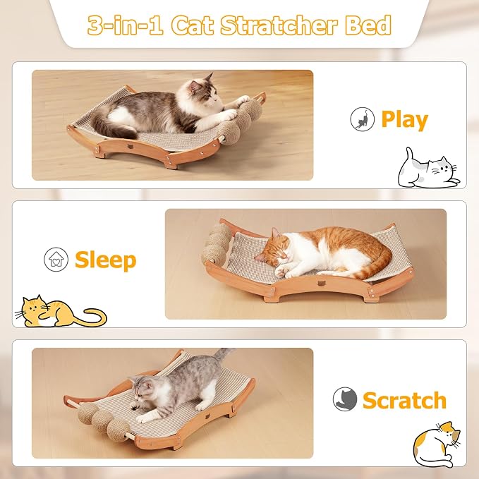 3 in 1 Sisal Cat Scratcher Bed, Solid Pine Cat Scratcher with Balls (Wood) | Extra Large Cat Scratching Post with Hammock, Cat Scratcher for Scratch & Play & Rest, Cat Furniture for Indoor Cats, Kitten