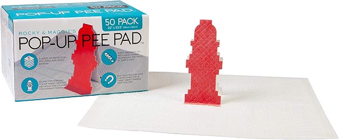 Rocky & Maggie's Pop-Up Fire Hydrant Male Dog Pee Target, 50 Pads/Box | Patented pop-up target, protects walls, for male dogs lifting legs
