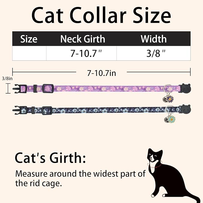 Cat Collar Breakaway, 2 Pack Cotton Kitten Collars with Bells and Removable Charms, Cute Flowers Shaped for Indoor Boy, Girl and Adult Cats, Purple and Blue