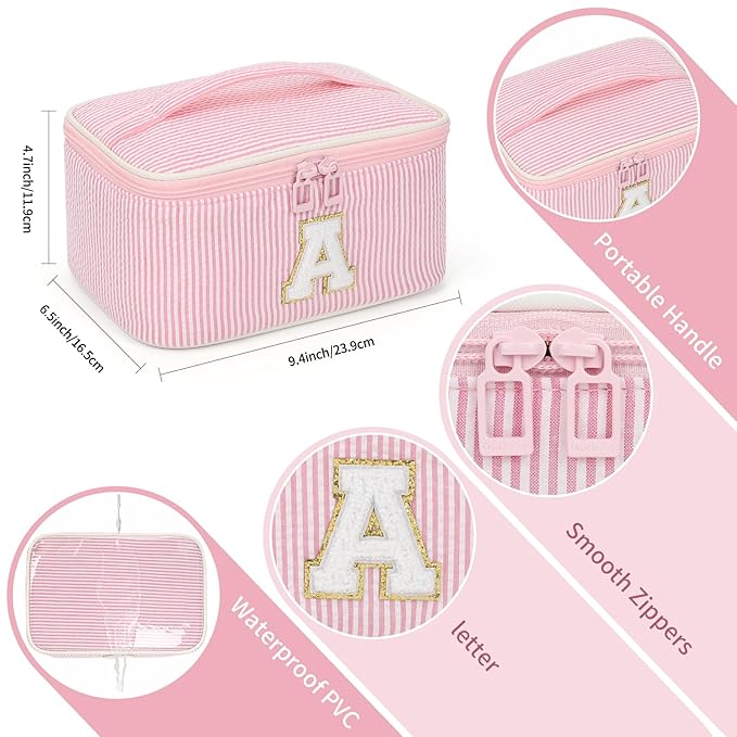 OCHEAL Makeup Bag Valentines Day Gifts for Women, Monogram Cosmetic Bag Pink Travel Makeup Case Beauty Toiletry Bag Organizer Personalized Gifts for Girls Bridesmaid, Sister, Wife, Friends Initial A