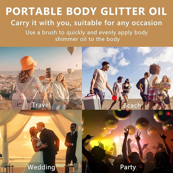 Shimmer Body Oil with Vitamin E, Body Glow Oil for Women, Long Lasting Waterproof & Moisturize for All Skin, Liquid Highlighter Makeup with Brush, Travel Size for Date, Wedding, Party, Rose Gold